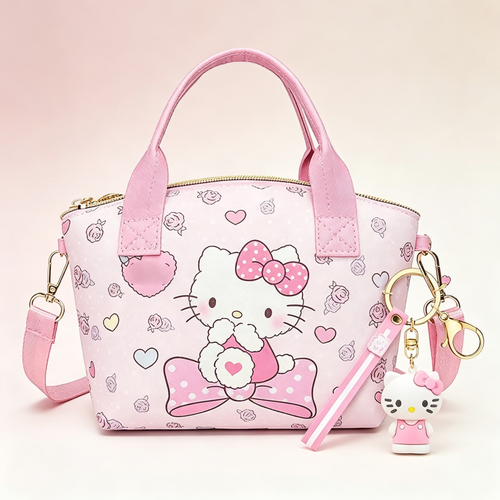 Cute Girls Crossbody Tote Bag with Cartoon Doll Keychain, Kids Adjustable Shoulder Handbag